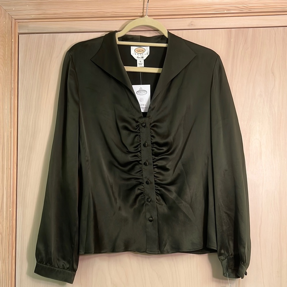 Talbots Green Ruched Button Silk Blouse